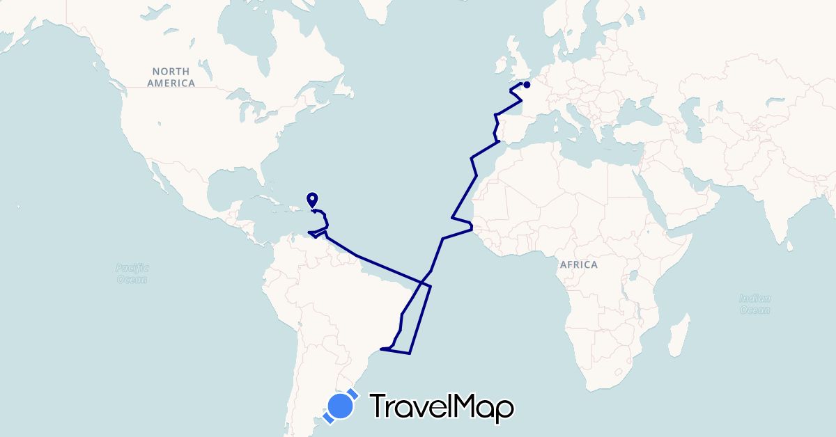 TravelMap itinerary: driving in Antigua and Barbuda, Brazil, Cape Verde, Dominica, Spain, France, Grenada, French Guiana, Guernsey, Guadeloupe, Saint Lucia, Martinique, Netherlands, Puerto Rico, Portugal, Senegal, Trinidad and Tobago, Saint Vincent and the Grenadines, Venezuela, British Virgin Islands, U.S. Virgin Islands (Africa, Europe, North America, South America)